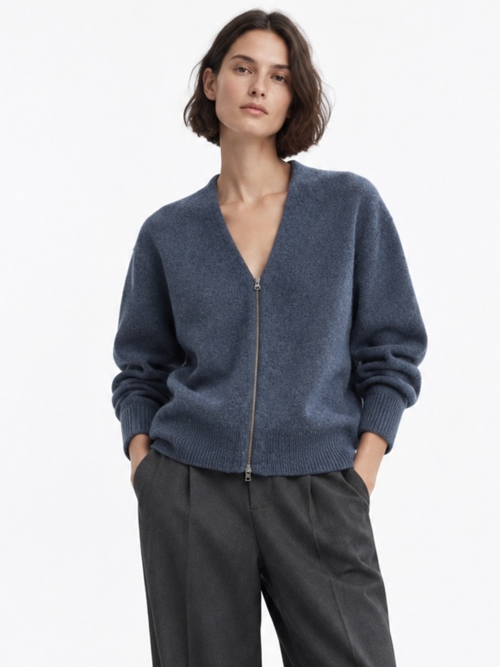 Woolrich Blue Wool Front Zip Sweater